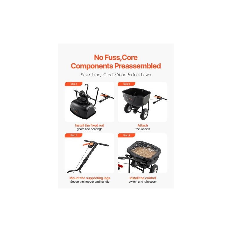 Käveltävä siemen- ja lannoitelevitin 27,2 kg säiliö 0–3 m 8 tuuman renkaat