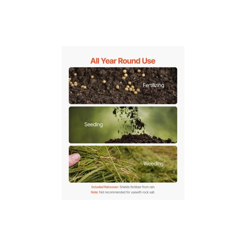 Käveltävä siemen- ja lannoitelevitin 27,2 kg säiliö 0–3 m 8 tuuman renkaat