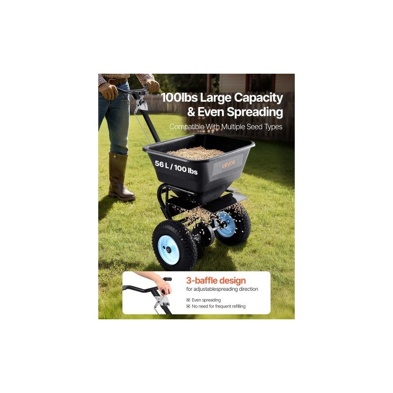 Työntömallinen sirottelija 45 kg kantavuus 0–3 metrin levitysleveys 13 tuumaiset ilmakumirenkaat