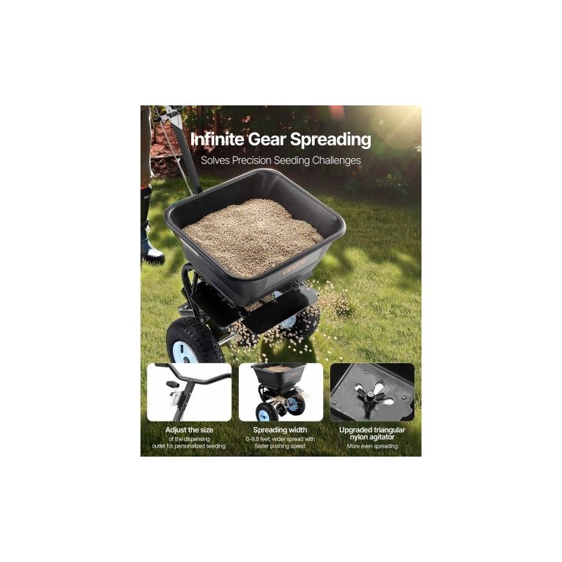 Työntömallinen sirottelija 45 kg kantavuus 0–3 metrin levitysleveys 13 tuumaiset ilmakumirenkaat