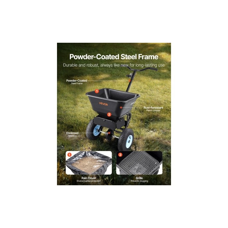 Työntömallinen sirottelija 45 kg kantavuus 0–3 metrin levitysleveys 13 tuumaiset ilmakumirenkaat