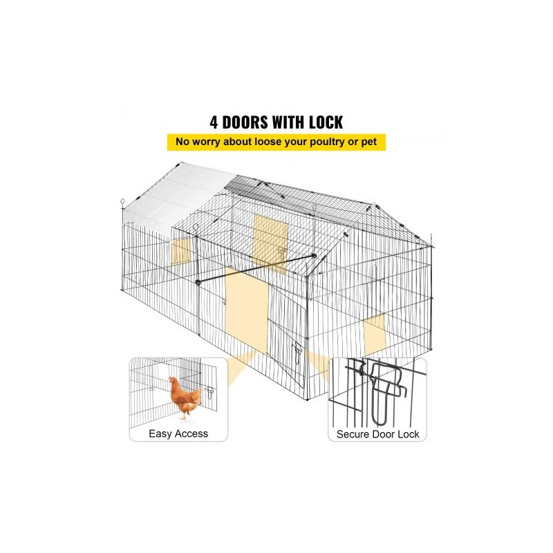 Metallinen kanahäkki 220 x 106 x 104 cm polyesteripeitteellä neljällä ovella