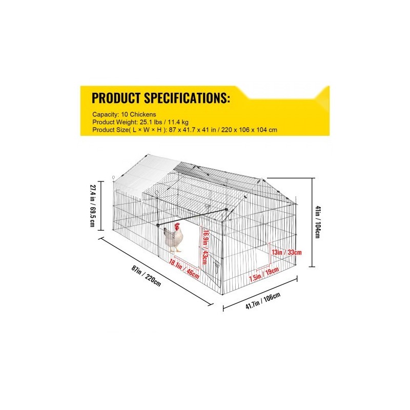 Metallinen kanahäkki 220 x 106 x 104 cm polyesteripeitteellä neljällä ovella