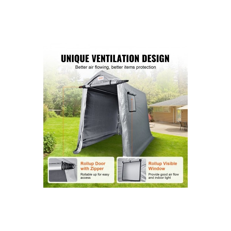 Säilytyssuoja galvanoitu teräsrunko 1,83 x 2,44 x 2,13 m kaksipuolinen PE-peite vetoketjuovi