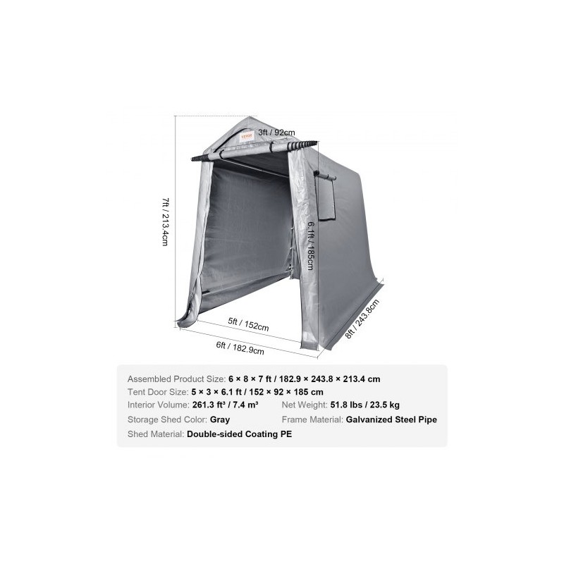 Säilytyssuoja galvanoitu teräsrunko 1,83 x 2,44 x 2,13 m kaksipuolinen PE-peite vetoketjuovi