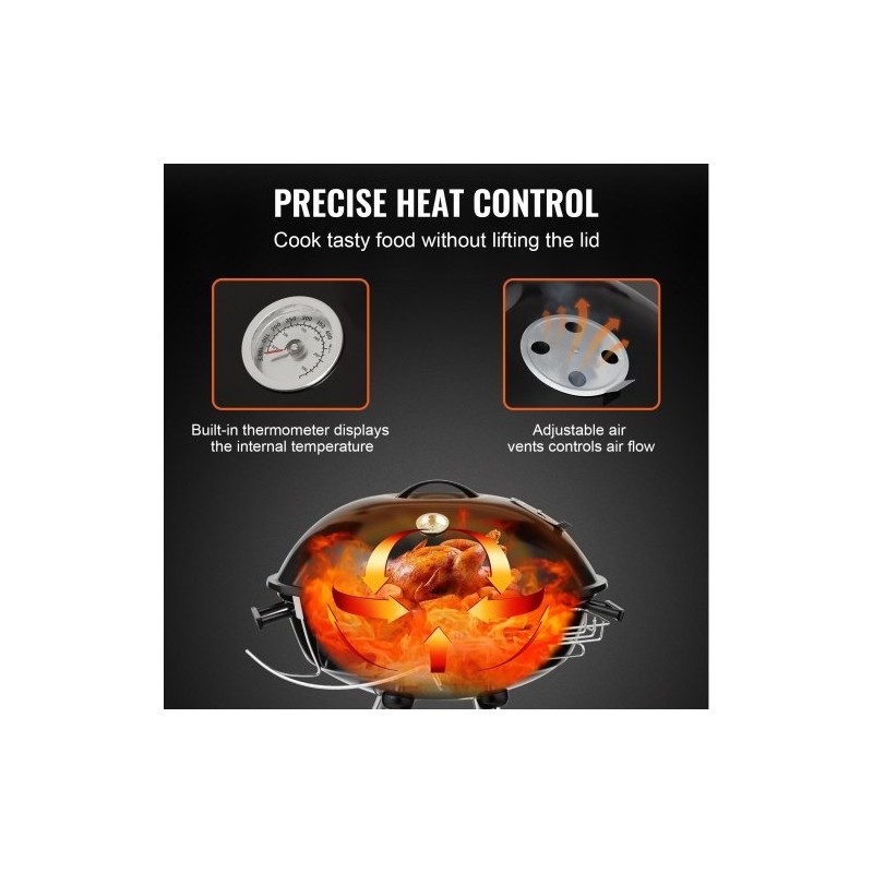 Pallohiiligrilli posliiniemaloitu teräsrunko 22 tuumaa kannettava lämpömittarilla ulkokäyttöön