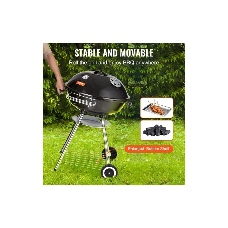 Pallohiiligrilli posliiniemaloitu teräsrunko 22 tuumaa kannettava lämpömittarilla ulkokäyttöön