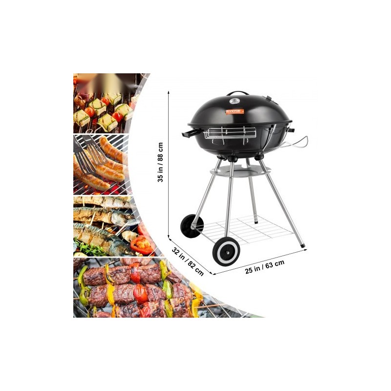 Pallohiiligrilli posliiniemaloitu teräsrunko 22 tuumaa kannettava lämpömittarilla ulkokäyttöön