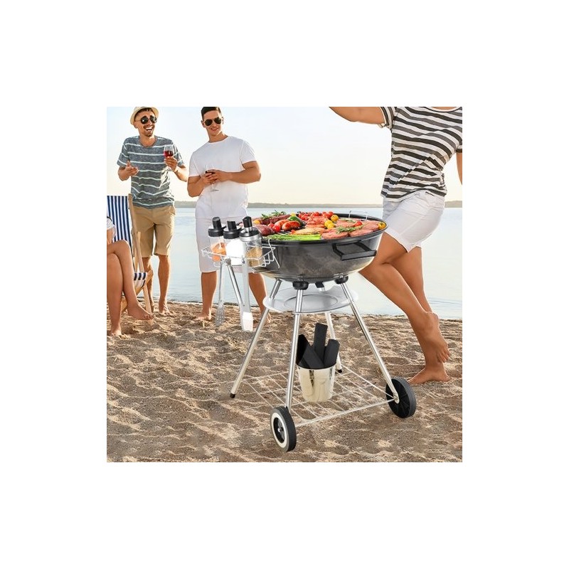 Pallohiiligrilli posliiniemaloitu teräsrunko 22 tuumaa kannettava lämpömittarilla ulkokäyttöön