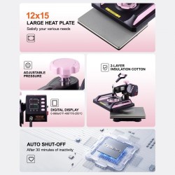 Lämpöprässi 8-in-1 muovi alumiiniseos lämpölevy 290 x 380 mm musta-pinkki