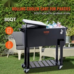 Liikuteltava juomajäähdytin 75,7 l teräsrunko musta pyörillä pullonavaajalla