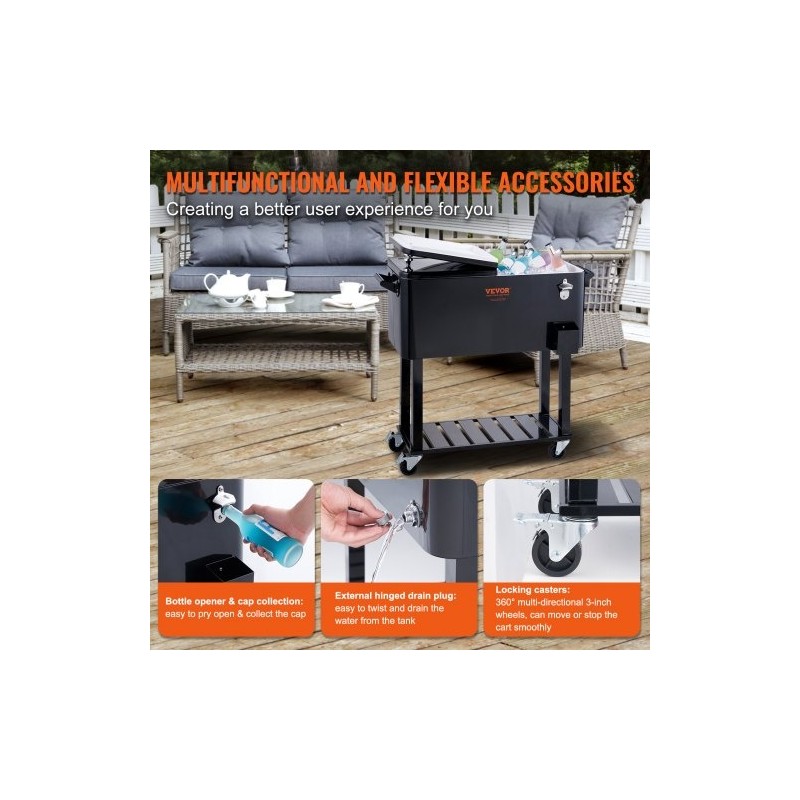 Liikuteltava juomajäähdytin 75,7 l teräsrunko musta pyörillä pullonavaajalla