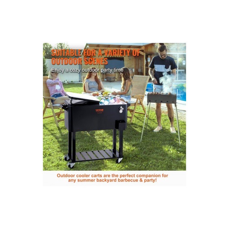 Liikuteltava juomajäähdytin 75,7 l teräsrunko musta pyörillä pullonavaajalla