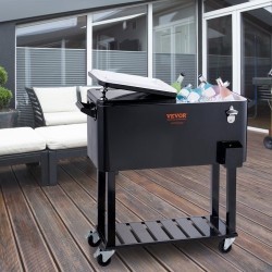 Liikuteltava juomajäähdytin 75,7 l teräsrunko musta pyörillä pullonavaajalla