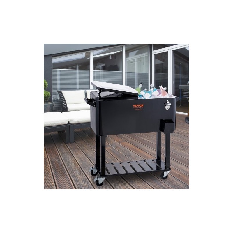 Liikuteltava juomajäähdytin 75,7 l teräsrunko musta pyörillä pullonavaajalla