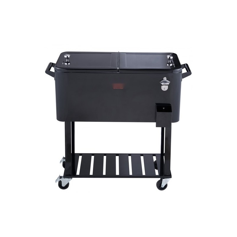 Liikuteltava juomajäähdytin 75,7 l teräsrunko musta pyörillä pullonavaajalla