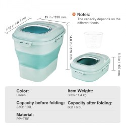 Taittuva lemmikinruokasäiliö 25 l PP ja TRP vihreä tiivis kansi pohjarullilla