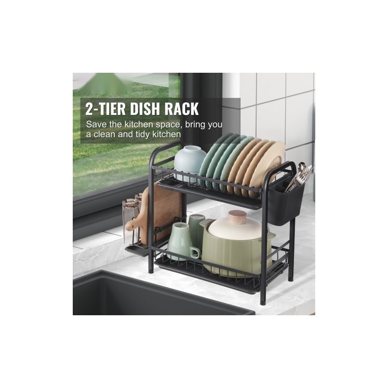 Astiankuivausteline kaksitasoinen ruosteenkestävä hiiliteräs musta suuri kapasiteetti valuma-alustalla