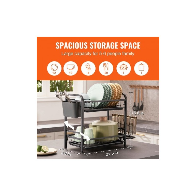 Astiankuivausteline kaksitasoinen ruosteenkestävä hiiliteräs musta suuri kapasiteetti valuma-alustalla