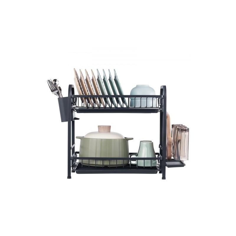 Astiankuivausteline kaksitasoinen ruosteenkestävä hiiliteräs musta suuri kapasiteetti valuma-alustalla