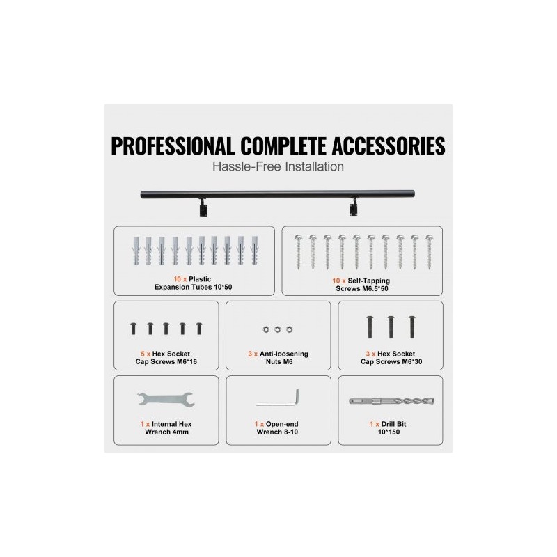 Seinäkiinnitteinen alumiinikaide portaisiin alumiiniseos 1524 mm 199,6 kg kantavuus musta asennussarja