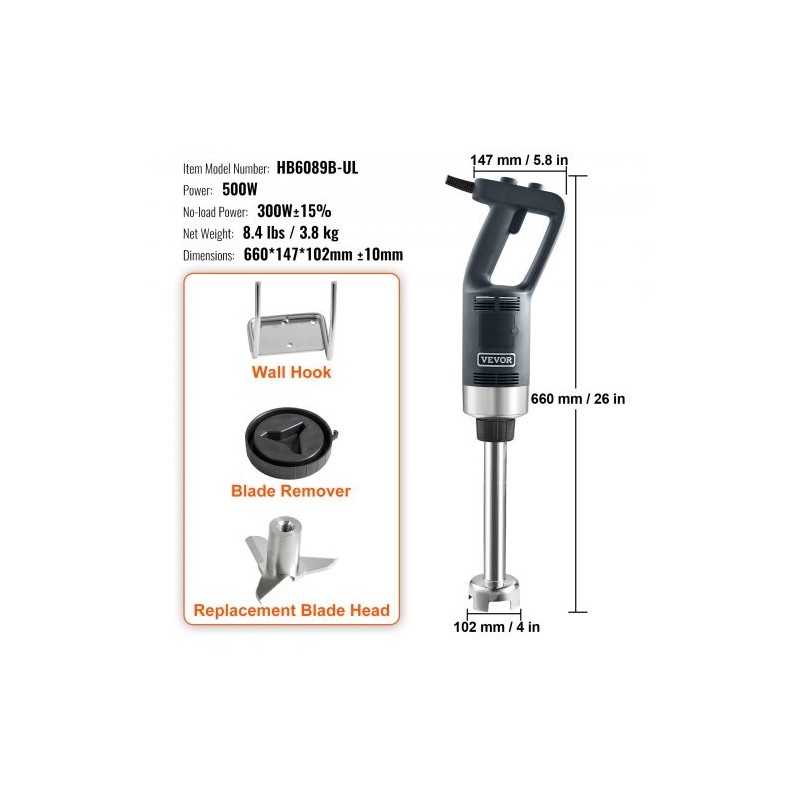 Sauvasekoitin 500W ammattikäyttöön säädettävällä nopeudella 304-ruostumattomasta teräksestä keittoihin ja smoothieihin