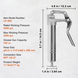 Pistoolikahvainen rasvaprässi hiiliteräs alumiiniseos 120 cm3 korkeapaineinen joustavalla letkulla