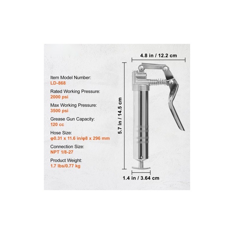 Pistoolikahvainen rasvaprässi hiiliteräs alumiiniseos 120 cm3 korkeapaineinen joustavalla letkulla