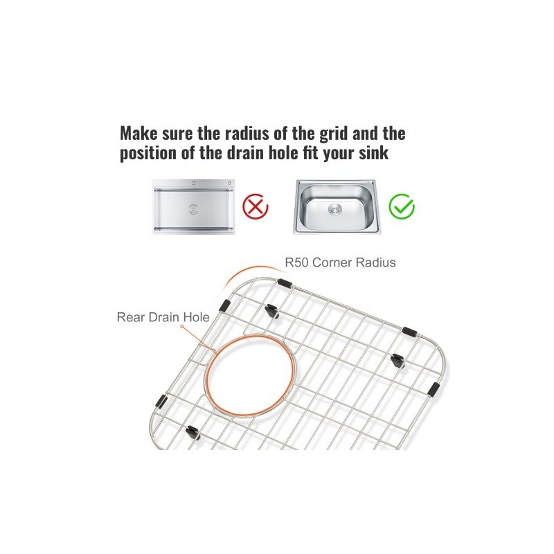 Allassuojaritilä 304-ruostumatonta terästä 338 x 295 mm R50-kulmasäde 2 kpl keittiöaltaaseen