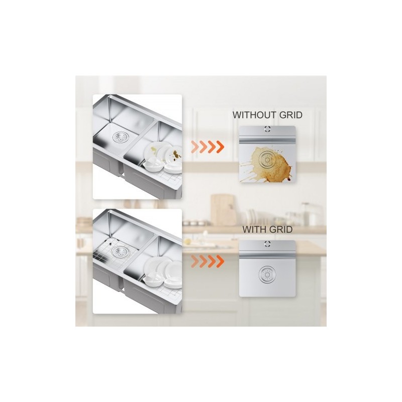 Allassuojaritilä 304-ruostumatonta terästä 338 x 295 mm R50-kulmasäde 2 kpl keittiöaltaaseen