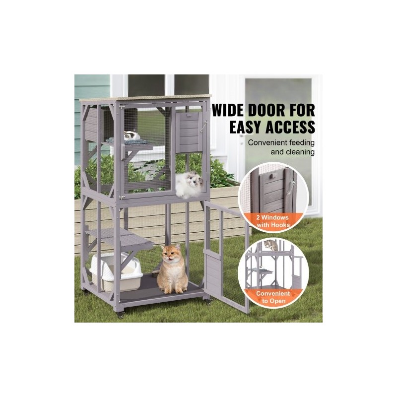 kolmitasoinen kissatarha kuusipuuta ja galvanoitua verkkoa ulkokäyttöön vedenpitävällä bitumikatolla pyörillä