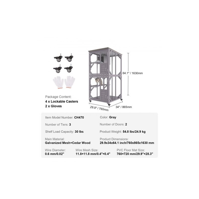 kolmitasoinen kissatarha kuusipuuta ja galvanoitua verkkoa ulkokäyttöön vedenpitävällä bitumikatolla pyörillä