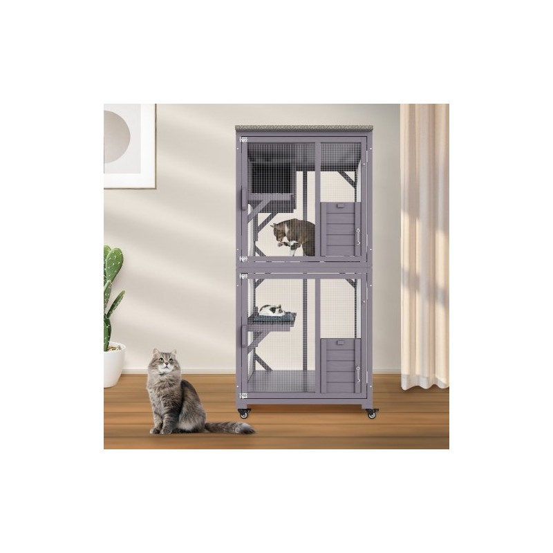 kolmitasoinen kissatarha kuusipuuta ja galvanoitua verkkoa ulkokäyttöön vedenpitävällä bitumikatolla pyörillä