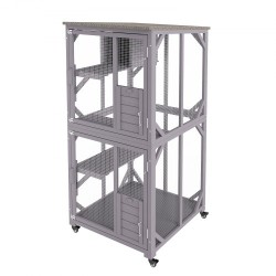 kolmitasoinen kissatarha kuusipuuta ja galvanoitua verkkoa ulkokäyttöön vedenpitävällä bitumikatolla pyörillä