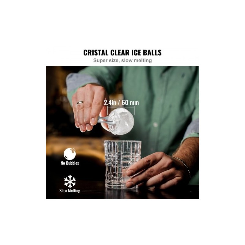 Silikoninen jääpallomuotti kaksi kuuden senttimetrin kirkasta palloa säilytyspussilla ja pihdeillä