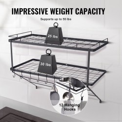 Seinäasennettava hiiliteräksinen kattila ja pannuhylly 762 mm 12 S-koukkua 24,9 kg kantavuus