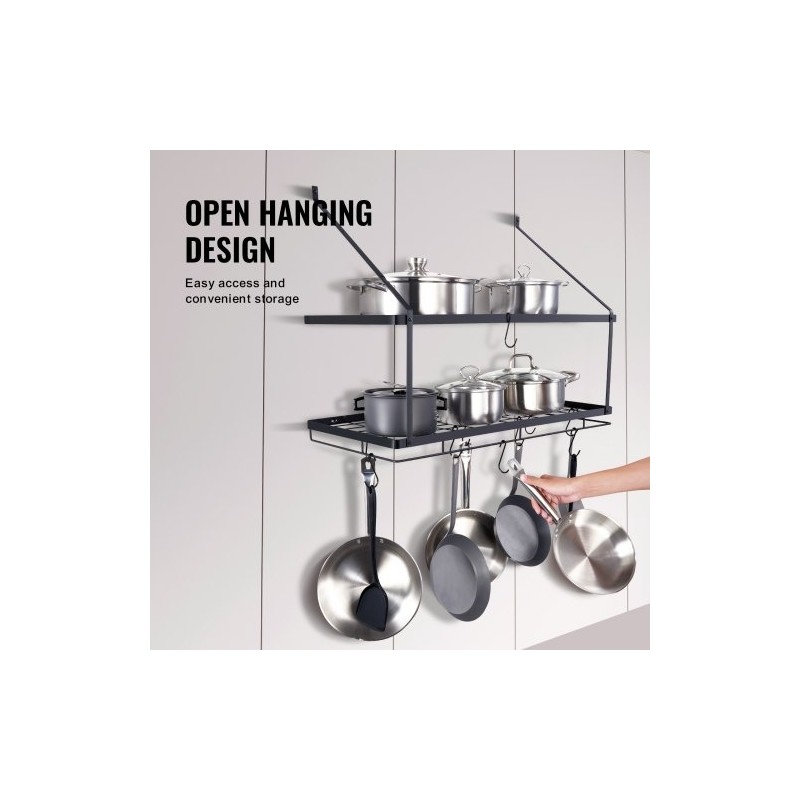 Seinäasennettava hiiliteräksinen kattila ja pannuhylly 762 mm 12 S-koukkua 24,9 kg kantavuus