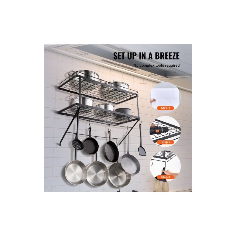 Seinäasennettava hiiliteräksinen kattila ja pannuhylly 762 mm 12 S-koukkua 24,9 kg kantavuus