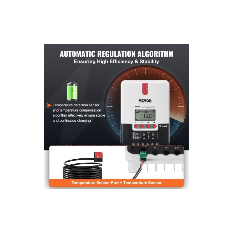 MPPT-lataussäädin 20 A 12V/24V automaattinen LCD-näytöllä lämpötilakompensoinnilla AGM-, geeli- ja litiumakuille