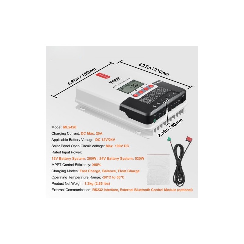 MPPT-lataussäädin 20 A 12V/24V automaattinen LCD-näytöllä lämpötilakompensoinnilla AGM-, geeli- ja litiumakuille