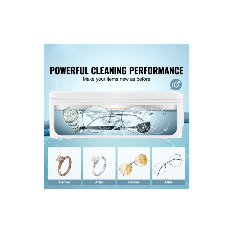 Ultraäänipuhdistin 470 ml kompakti 4 ajastintilaa mukana puhdistuskori koruille ja silmälaseille