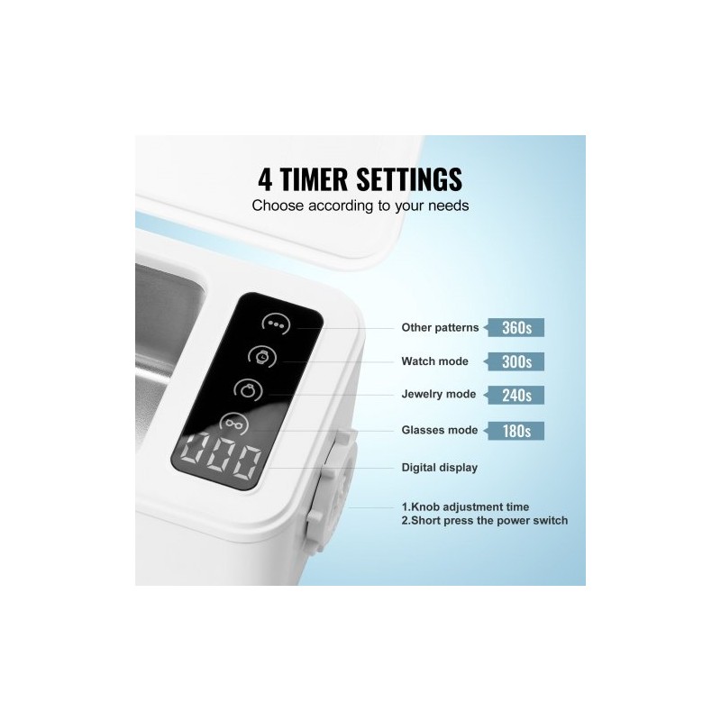Ultraäänipuhdistin 470 ml kompakti 4 ajastintilaa mukana puhdistuskori koruille ja silmälaseille
