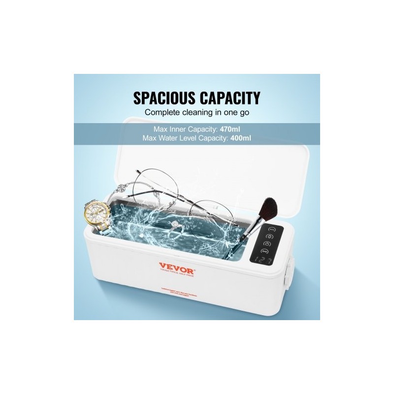 Ultraäänipuhdistin 470 ml kompakti 4 ajastintilaa mukana puhdistuskori koruille ja silmälaseille