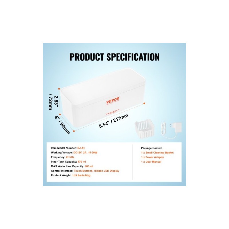 Ultraäänipuhdistin 470 ml kompakti 4 ajastintilaa mukana puhdistuskori koruille ja silmälaseille