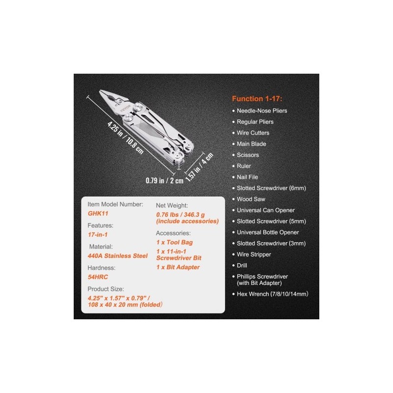 17-in-1-monitoimityökalu 440A-ruostumattomasta teräksestä automaattisella lukolla kotelo ja taskuklipsi