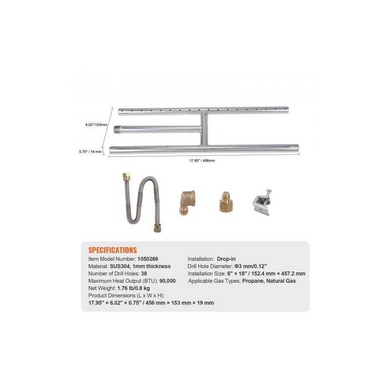 Upotettava H-muotoinen tulipesän poltinruukku SUS304 6×18 propaani ja maakaasu sisä- ja ulkokäyttöön
