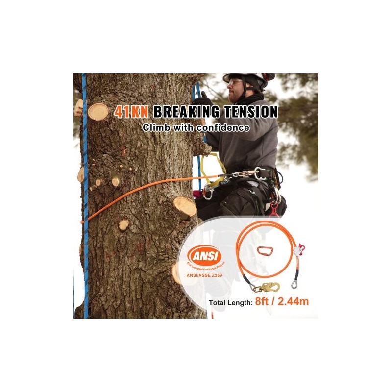 Teräsytiminen arboristiköysi 16 mm 2,44 m puunhoitoon alumiinikarabiinilla työkaluvarmistimella