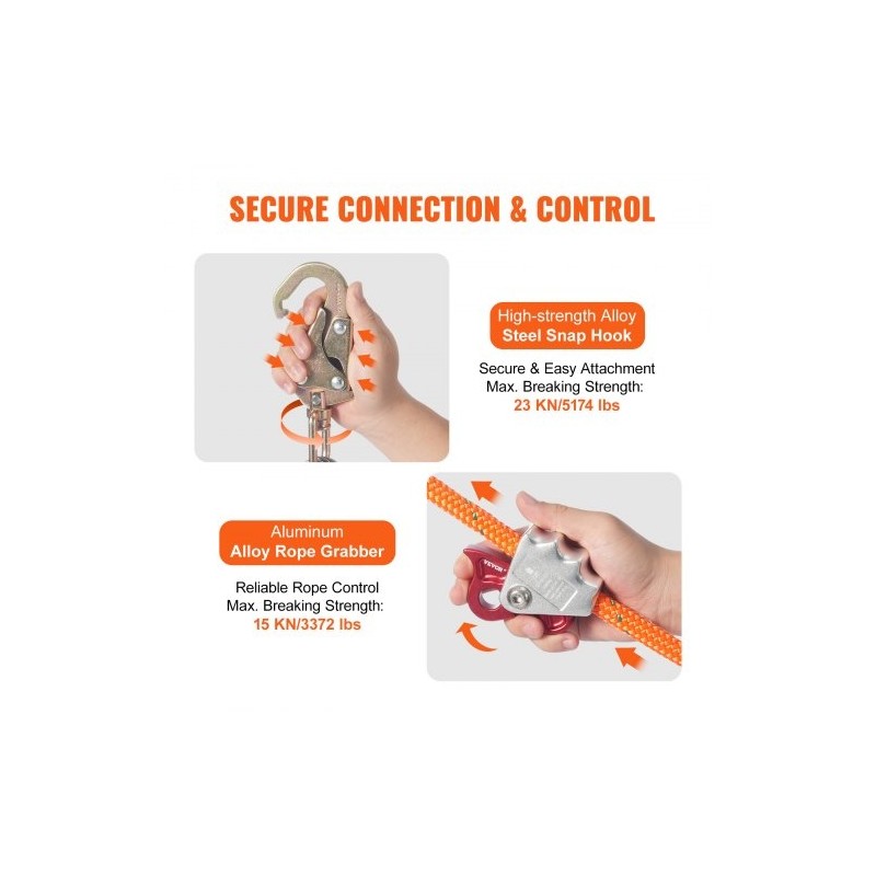 Teräsytiminen arboristiköysi 16 mm 2,44 m puunhoitoon alumiinikarabiinilla työkaluvarmistimella