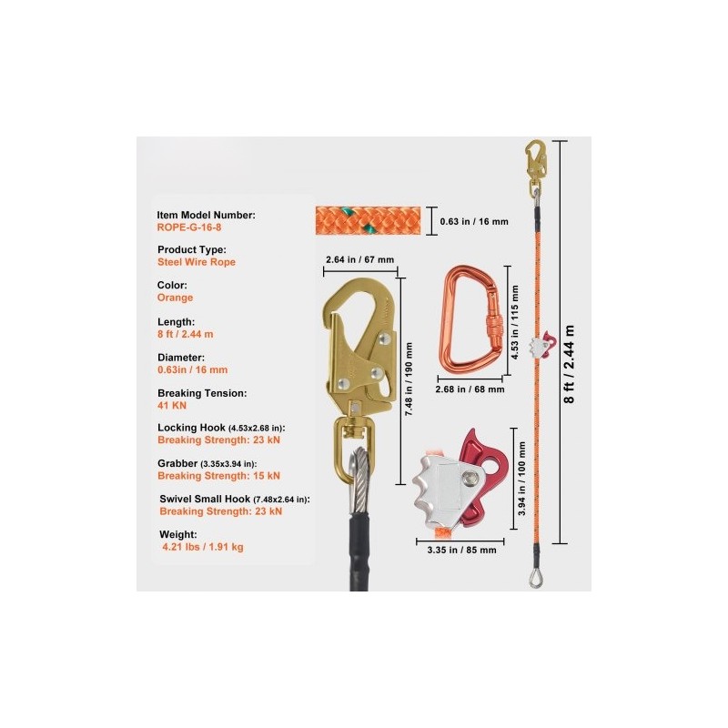 Teräsytiminen arboristiköysi 16 mm 2,44 m puunhoitoon alumiinikarabiinilla työkaluvarmistimella