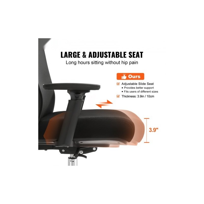 Ergonominen toimistotuoli liukuvalla istuimella verkkokankaalla säädettävällä niskatuella ja 35 mm lannerangan tuella